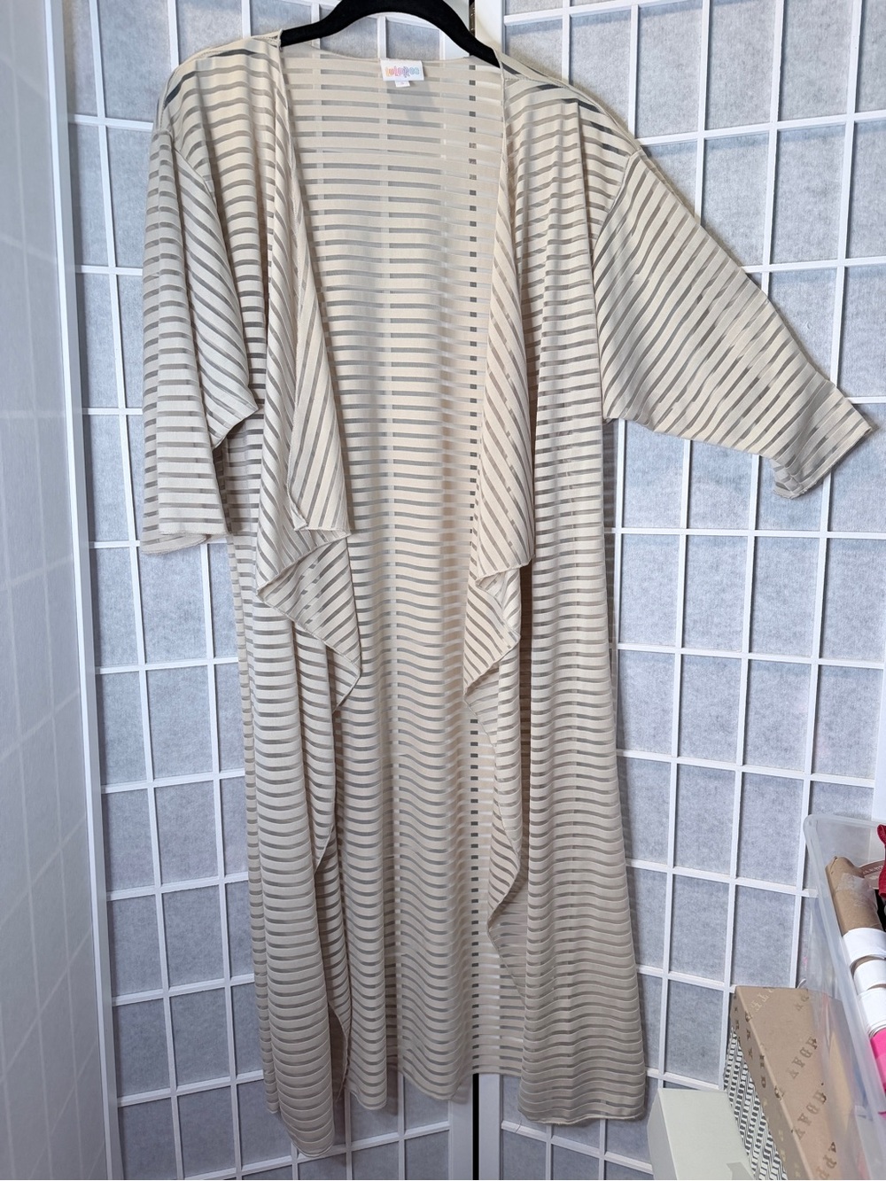 LuLaRoe Beige and sheer Striped waterfall front Duster Cardigan
